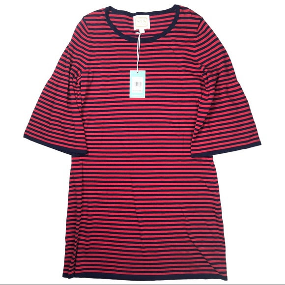 NWT Sail to Sable Size M Navy Red Striped Dress with Bell Sleeves - Picture 1 of 5